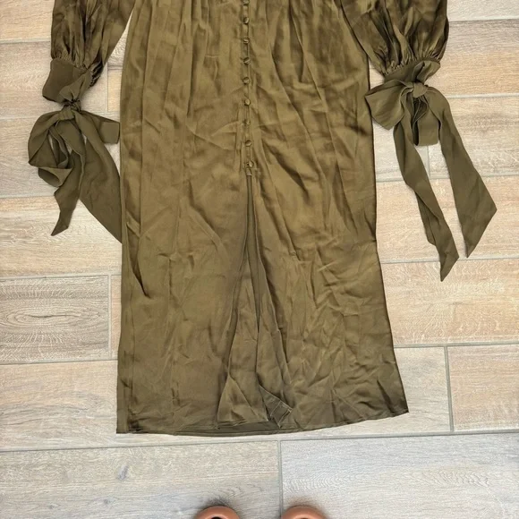 Olivia Von Halle Silk Midi Dress Button Down Tie Sleeve Olive Green Small - Picture 3 of 9